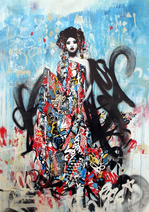 Hush-Seductress170-x-120-cm-Belgium-primed-linen-gallery-box-mounted-with-painted-sides-Acrylic-Paint-Montana-Gold-Spray-Paint-Screen-Inks-Silk-Screen-Print-15000