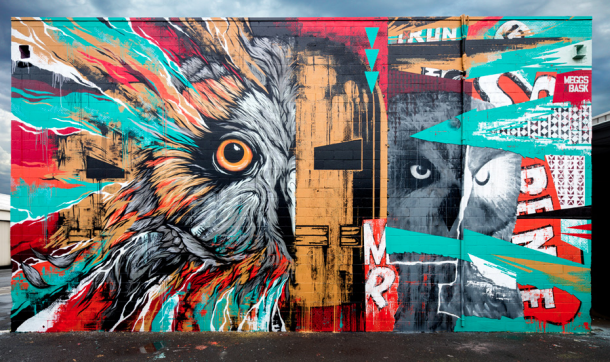 POW! WOW! Hawaï 2014 - MEGGS X BASK "Iron Pueo" Collab Mural